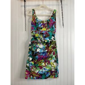 Suzi Chin Multicolor Leaf Print Ruched Mini Bodycon Dress Womens Size 10
